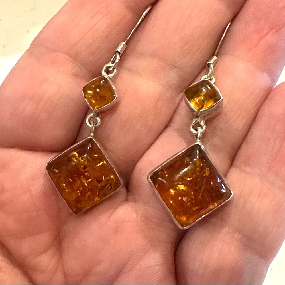 Amber & Sterling Silver 925 Earrings, dangle w/ two square stones